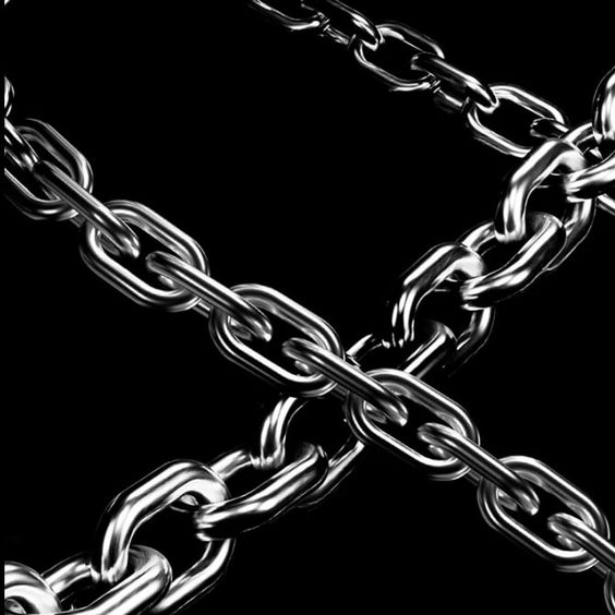 the image showcases two intersecting, highly polished metal chains set against a stark black background. the chains, exhibiting realistic texture and shine, dominate the composition. the lighting is crisp, highlighting the metallic sheen and creating strong contrasts between the chains and the background.