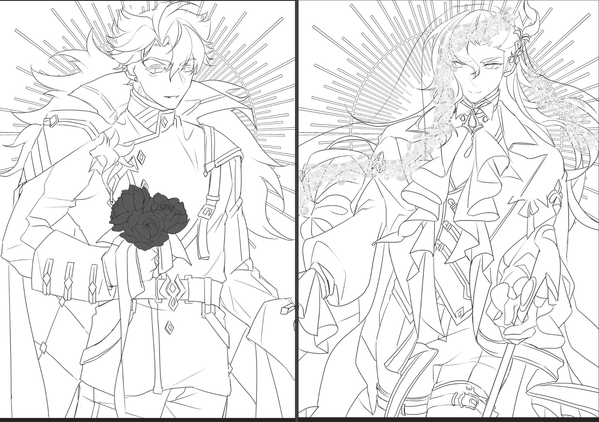 this is a black and white line art drawing of two anime characters, a male character on the left and a male character on the right. both characters have long, flowing hair and are dressed in stylish attire. the character on the left is holding a bouquet of black roses, and both characters are wearing intricate outfits.