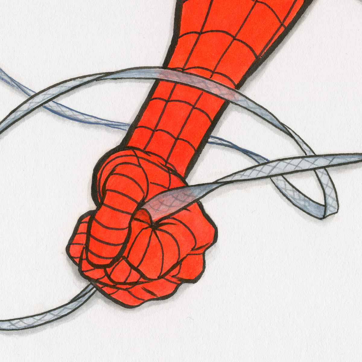 this is a cartoon illustration of spiderman's hand with his signature red and blue suit and webslinging technology. he is depicted in midaction, with his hand extended and web shooting from his wrist.