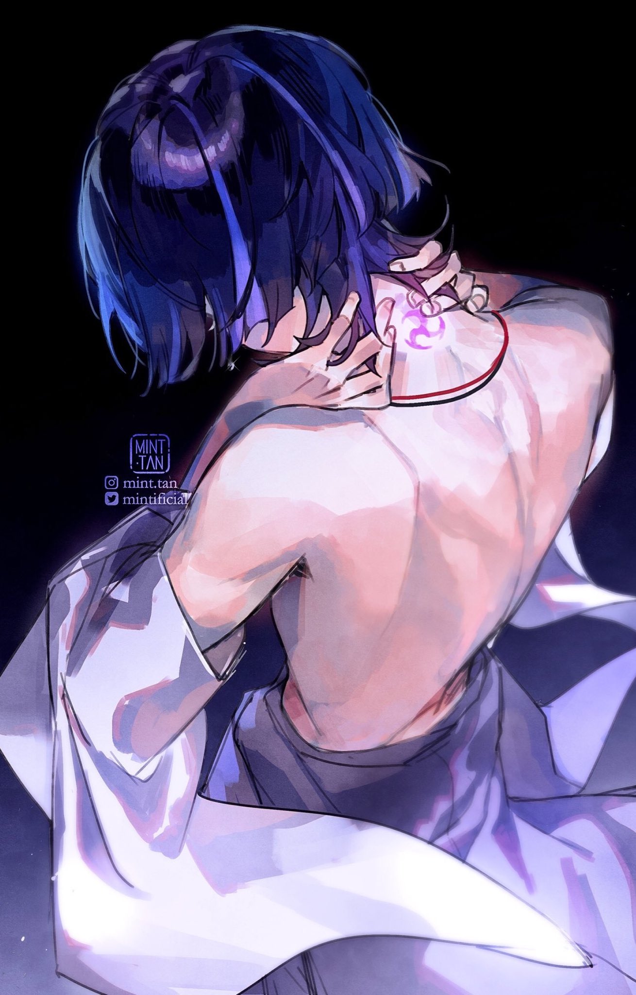 this is an anime illustration of a male character with blue hair, wearing white clothing. he is holding his neck with both hands, seemingly in pain or distress. he has a tattoo on his back. the overall mood is sad, and the character looks very depressed.