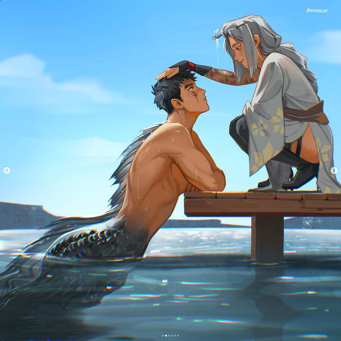 the image showcases a merman and a woman on a dock. the merman, with his back to the viewer, leans against the wooden platform, his dark, scaled tail submerged in the tranquil water.  his pose suggests vulnerability and trust.  the woman, positioned above him on the dock, gently touches his face with one hand. her attire hints at a traveler or perhaps someone from a more mystical background. their interaction is filled with a sense of intimacy and affection. the background features a serene expanse of blue water and sky,  enhancing the overall romantic and fantastical atmosphere.