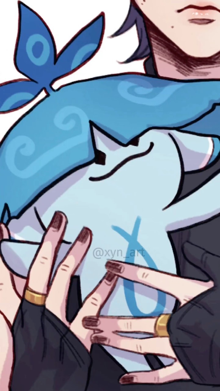 a closeup digital drawing depicts a young animestyle male character gently holding a light blue, creaturelike being. the creature has a soft, rounded form with a stylized, leaflike appendage on its head. the character's hands are visible, adorned with darkcolored nail polish and rings. they are wearing a dark jacket or coat.  the style is reminiscent of anime or manga, with soft lines and a focus on the character's expressive hands and the soft texture of the creature. the background is plain white.  a watermark, "@xyn_art", is subtly placed on the creature's body.