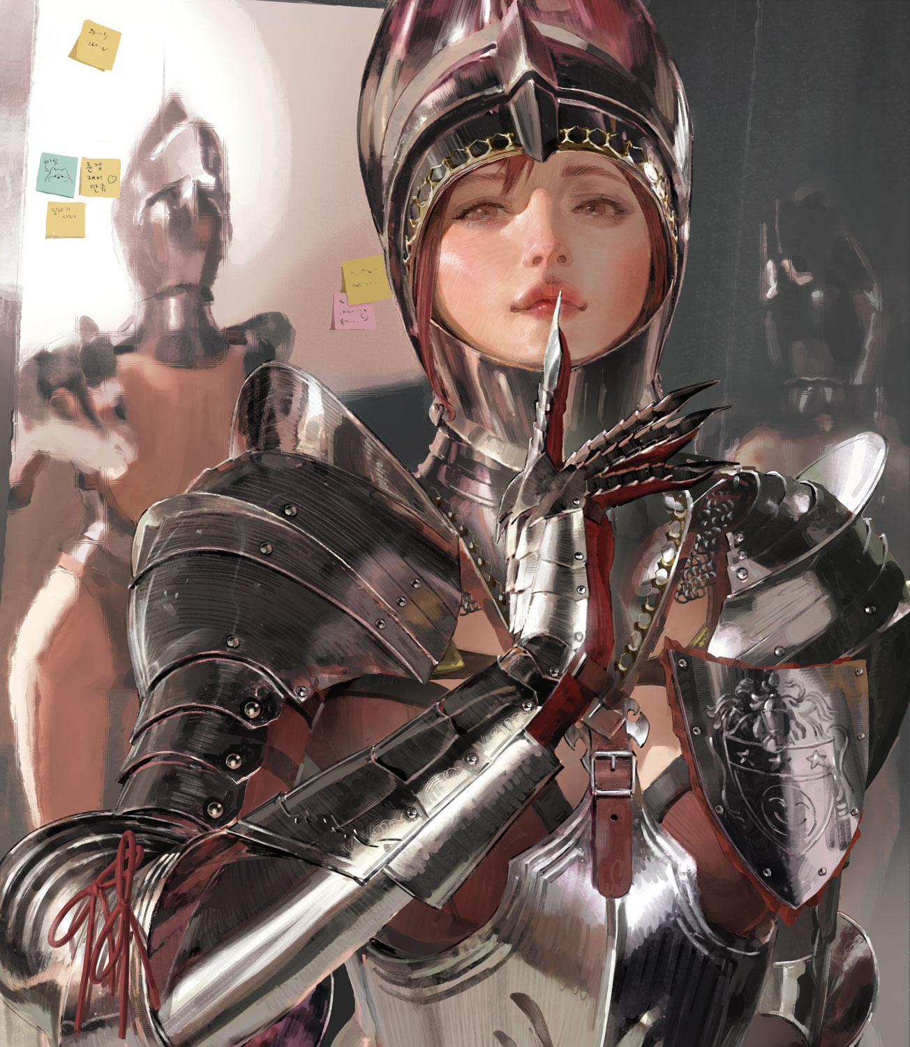 the image features a female knight clad in intricate, gleaming armor. she stands in a dimly lit studio, her gaze directed at the viewer with a finger raised to her lips, suggesting silence. the soft lighting highlights the details of her armor and the subtle textures of her skin. in the background, a sketching mannequin provides a glimpse into the artistic nature of the setting.