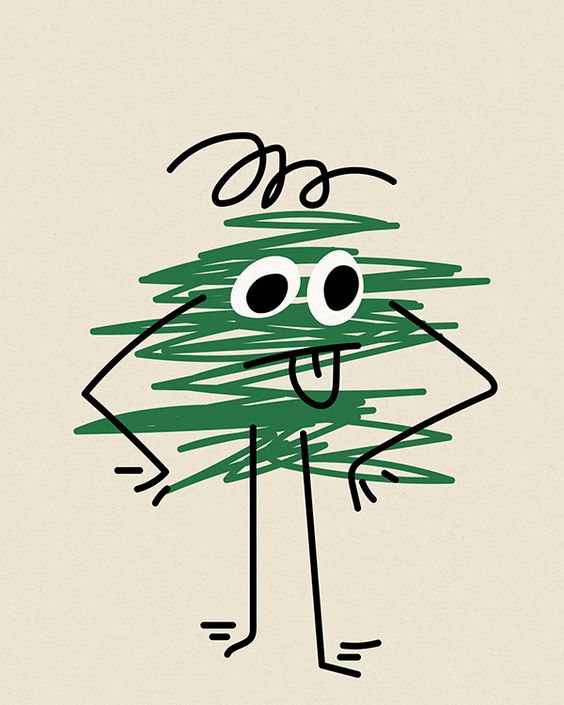 a cartoon drawing of a christmas tree with a funny face and stick legs and arms. it is green with white eyes and black outlines on a tan background.