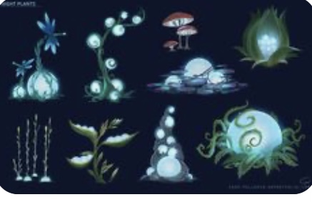 the image showcases a collection of concept designs for glowing, fantastical plants. they exhibit various shapes and sizes, each emitting a soft, bioluminescent light. the color palette leans towards cool blues and greens, emphasizing the mystical nature of these plants.