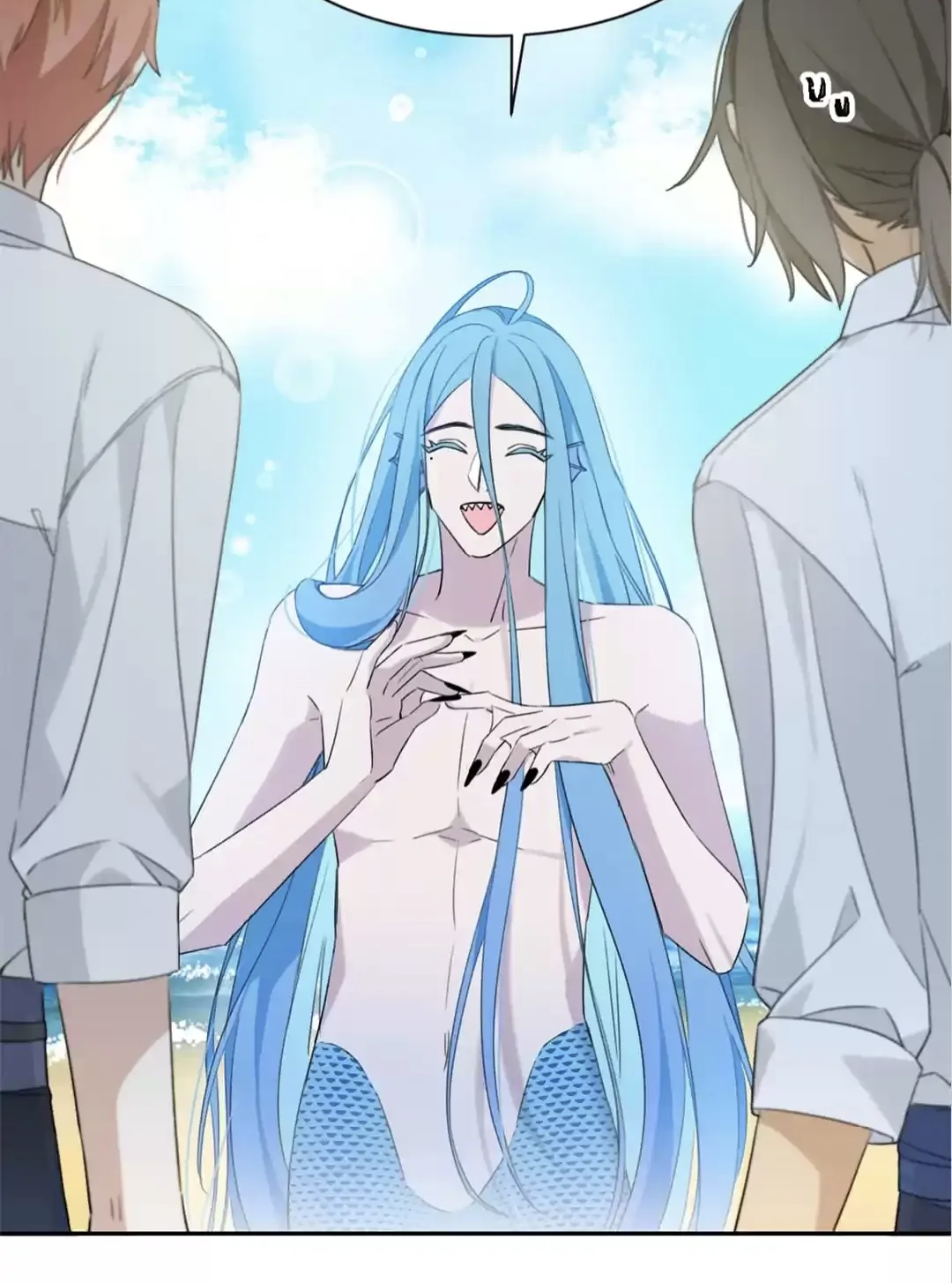 the image is a mangastyle illustration depicting a scene at the beach.  a lightskinned, longhaired mermaid with blue hair is the central figure. they are barechested, wearing only a fishtail, and have a surprised or amused expression.  two young men, one with orange hair and the other with brown hair, stand on either side of the mermaid, seemingly reacting to its presence. the background is a light blue, suggesting a sunny, beachy atmosphere. the art style is clean and features relatively simple linework and coloring.