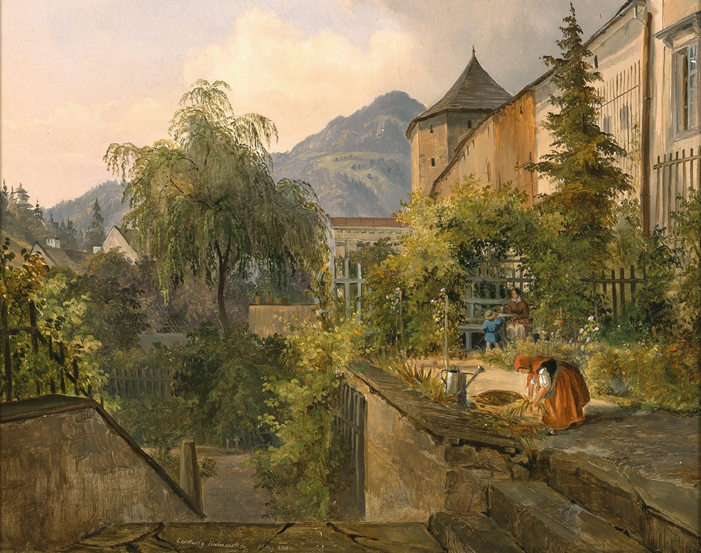 this is a landscape painting depicting a garden scene with various elements. in the foreground, there are stone steps leading up to a wall. a woman in a red dress and head covering is bent over, working with what appears to be a basket of plants or hay. in the middle ground, a bench is nestled beneath an archway of greenery, with two people sitting there, possibly a mother and child. behind them is a garden setting with flowers, trees, and a fence. to the right, a tall building with a tower is visible, while in the background, mountains rise up under a partly cloudy sky. a large willow tree is on the left, adding to the natural ambiance of the scene. the artist is ludwig halauska, as signed on the bottom left.
