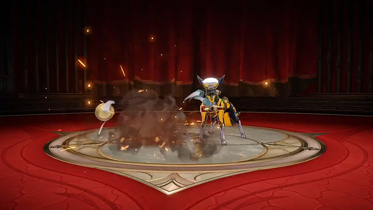 a golden robot dog creature with a blue and yellow color scheme stands in the center of a circular arena. it is amidst an explosion, with sparks flying everywhere. the arena is surrounded by a red carpet and there are dark red curtains in the background. the image is from a video game and gives a sense of action and excitement.