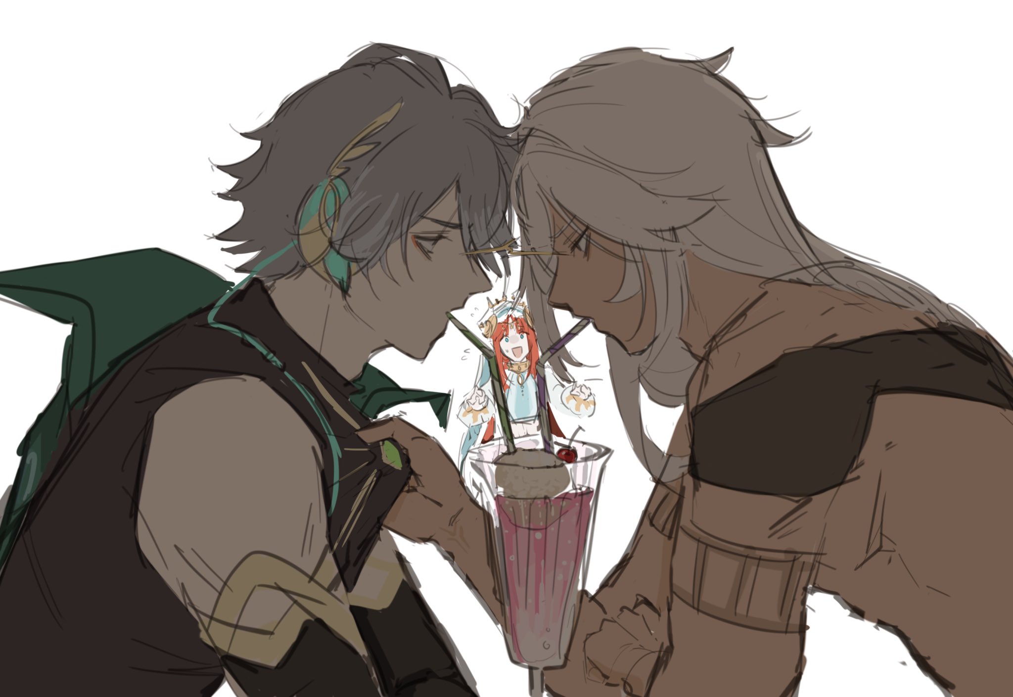the image is a fanart sketch of two genshin impact characters, xiao and albedo, leaning towards each other with their foreheads almost touching. they appear to be looking at a chibi yao yao inside a milkshake glass that xiao is holding. the art style is soft and suggestive of a romantic atmosphere.