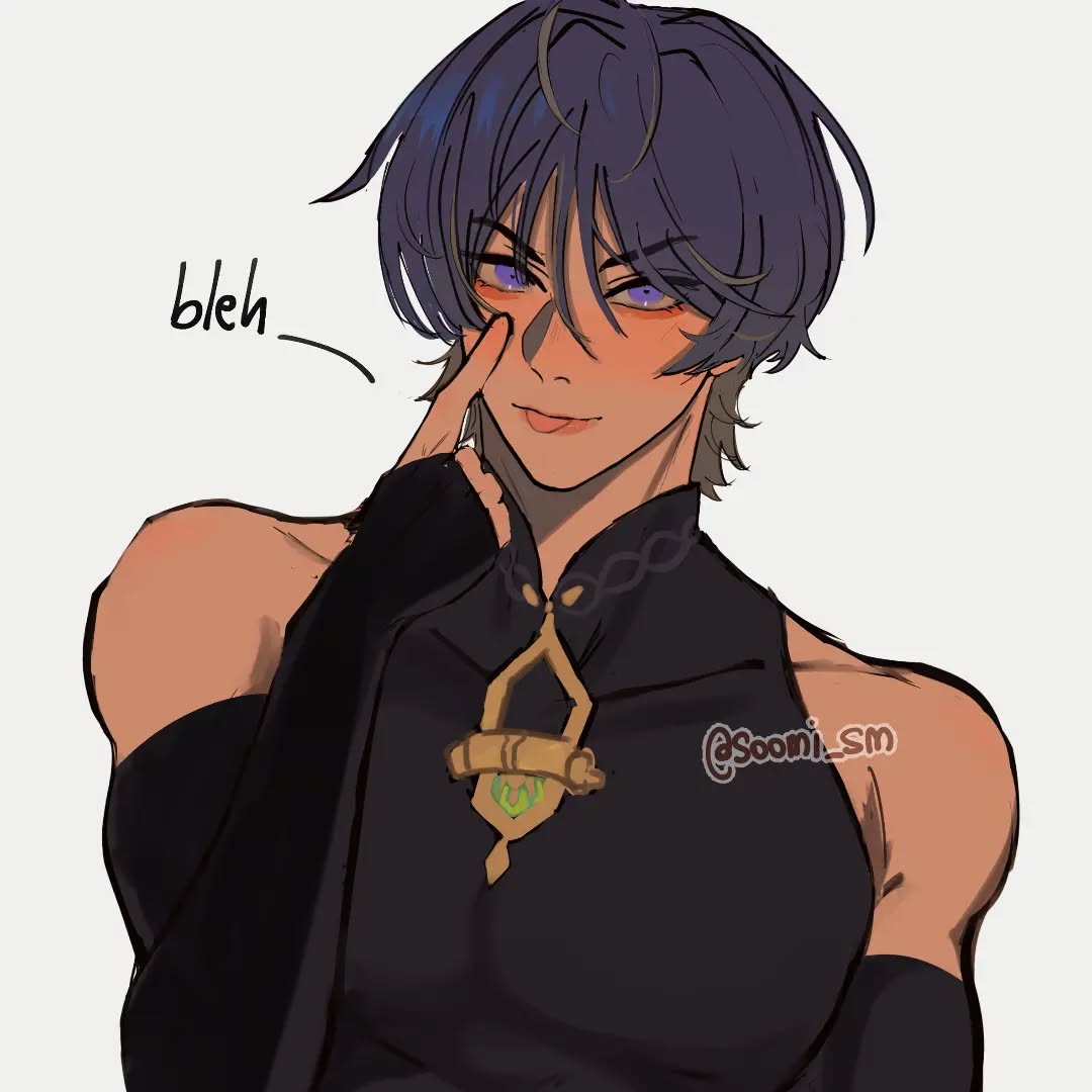 the image is a digital fan art drawing of a male animestyle character. he has short, purple hair with some lighter strands visible, and striking violet eyes.  he's wearing a sleeveless black top with a distinctive gold and green pendant necklace. his expression is a slightly smug and playful smirk, and he's touching his face with one hand.  the art style is smooth and has a soft shading style, common in online animestyle illustrations. the artist's tag, "@sooni_sm," is visible in the lower right.  the background is plain white.  the word "bleh" is written lightly and casually near the character's head.