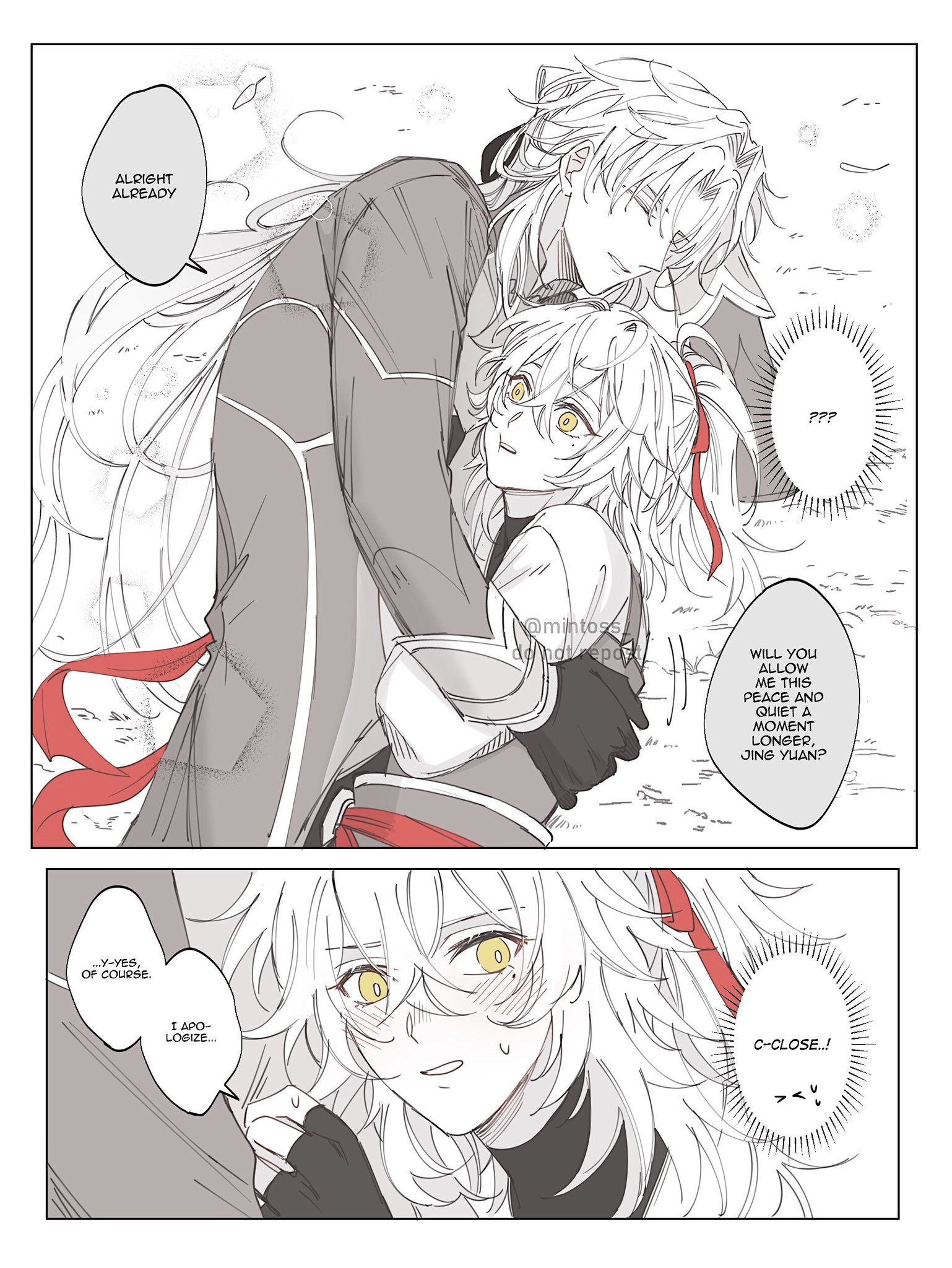 this is a manga panel featuring a boy and girl hugging. the boy has white hair and is embracing the girl who also has white hair. both of them are blushing and their eyes are closed.  the girl is looking at the boy and seems to be very happy. the panel is set in a park with trees and flowers in the background. the dialogue suggests that they are in love and want to spend time together.