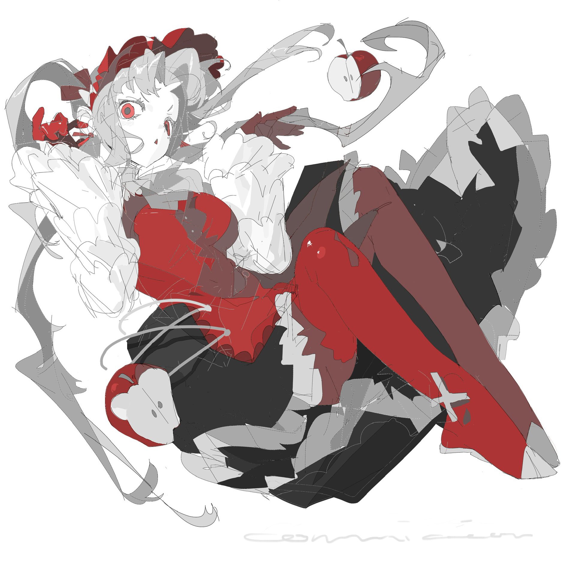 a digital illustration of an anime girl with red hair and a red dress. she is wearing a black skirt with white frills, red stockings, and red boots. she is holding a red apple in her right hand and her hair is in a ponytail. she is posing with her right leg raised. the art style is sketchy and the image is in shades of red, black, and white.