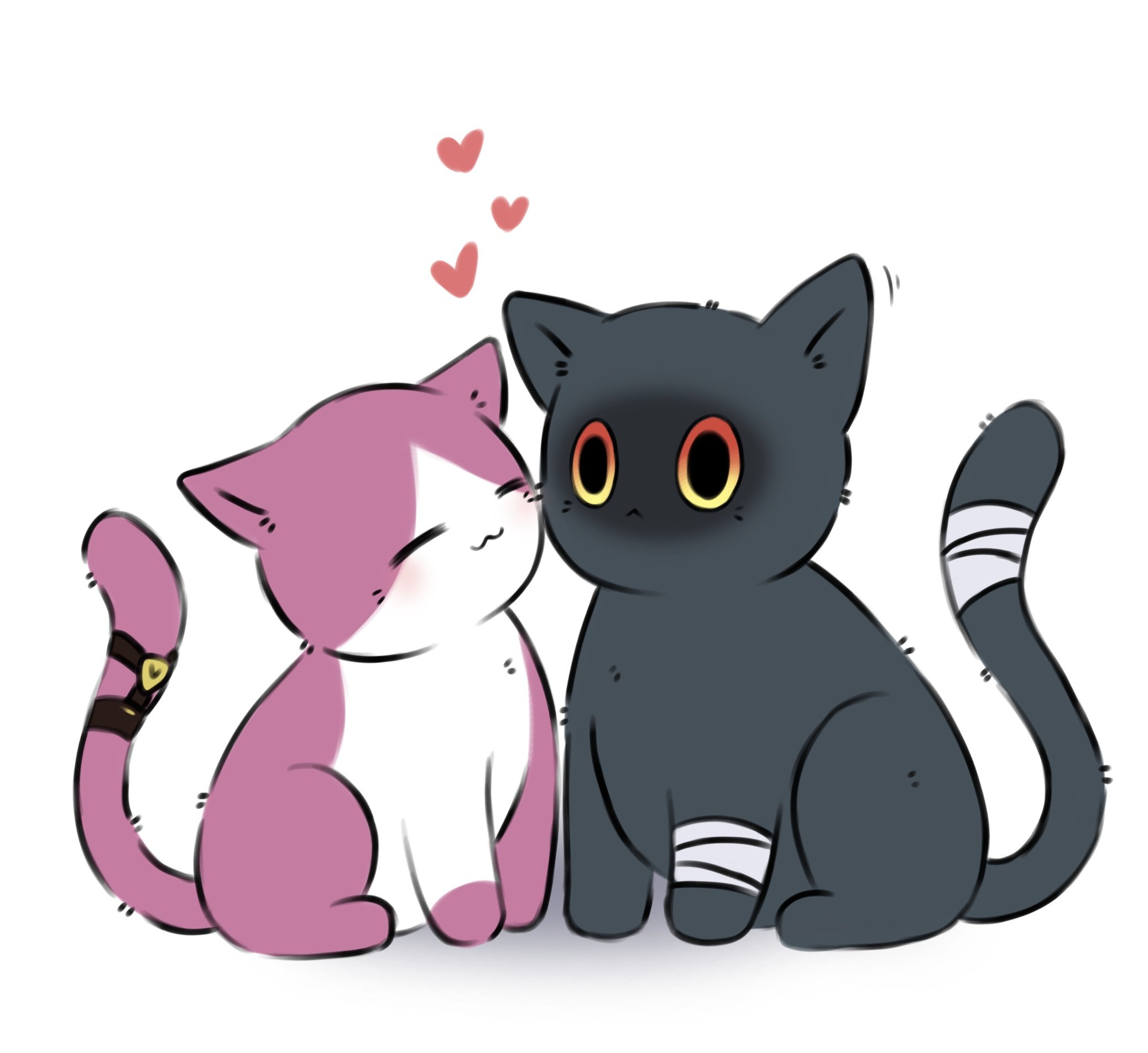 a cute cartoon of two cats, one pink and one black, looking at each other and smiling.  the pink cat is on the left and the black cat is on the right.  there are hearts floating above them, symbolizing their love for each other. the image is drawn in a simple, cartoon style, with bright colors and a whimsical feel.  the pink cat is wearing a bandana with a gold buckle.  the black cat is wearing a bandage around its right paw. they are both sitting on the ground.