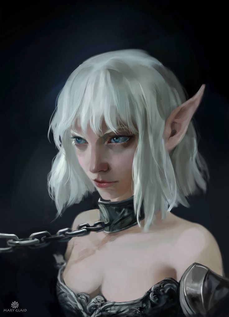 the image is a digital painting of a female elf. she has white, shoulderlength hair styled in a bob cut, pointed ears, and pale skin. her eyes are blue. she is wearing a dark grey/black armored top that reveals her cleavage and a metal collar with a thick chain around her neck. the background is dark, emphasizing the figure. her expression is serious and somewhat melancholic. the style is fantasy art.