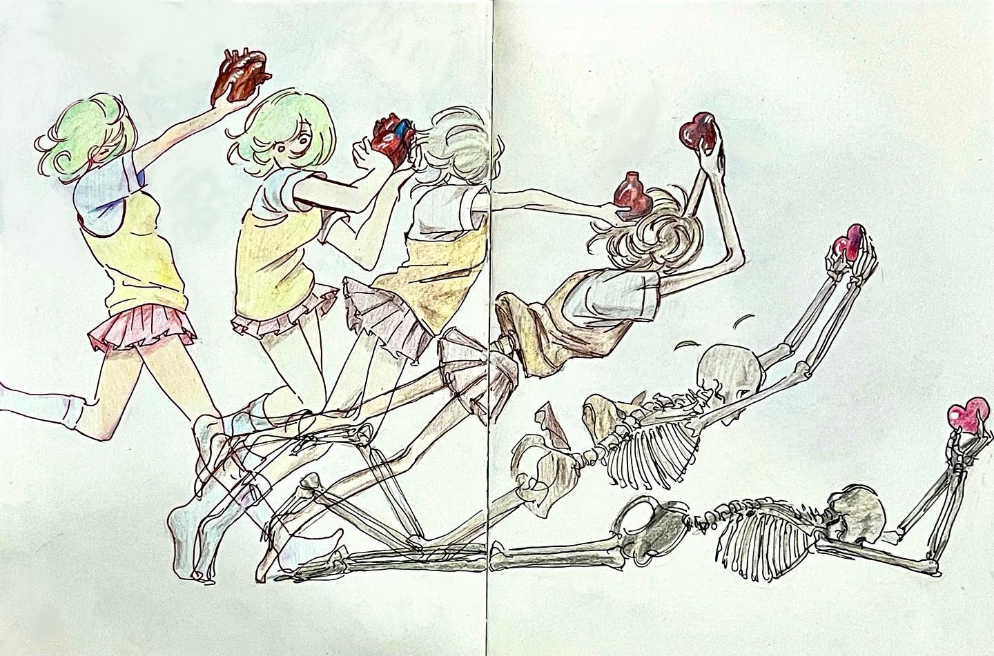 the illustration depicts four girls playfully tossing hearts in the air, their bodies progressively fading into skeletal forms as the sequence moves from left to right. the girls on the far left are rendered in full color, while the rightmost figure is a complete skeleton still attempting to catch a heart. the image uses minimal line work and flat coloring to emphasize the stark contrast between life and death, juxtaposing the vibrancy of youth with the stark reality of mortality.