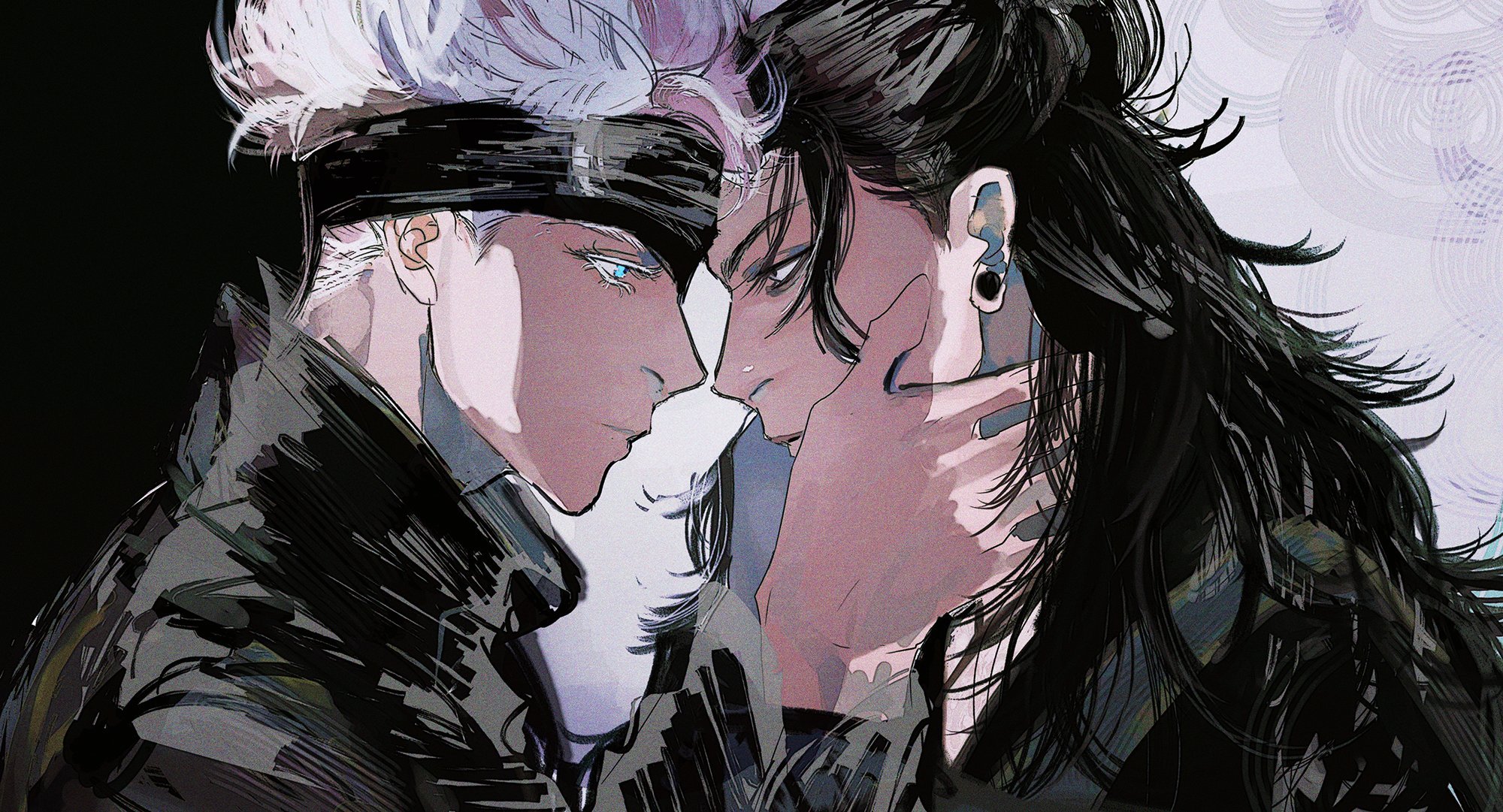 the image shows two anime characters, a boy and a girl, looking at each other with loving expressions. the boy has white hair and is wearing a black jacket, while the girl has black hair and is also wearing a jacket. they appear to be in a romantic relationship and are very close to each other. the background features a purple and white pattern with circles, creating a dreamy and romantic atmosphere. the artwork is digital and features detailed lines and shading, emphasizing the characters' expressions and the intensity of their gaze.