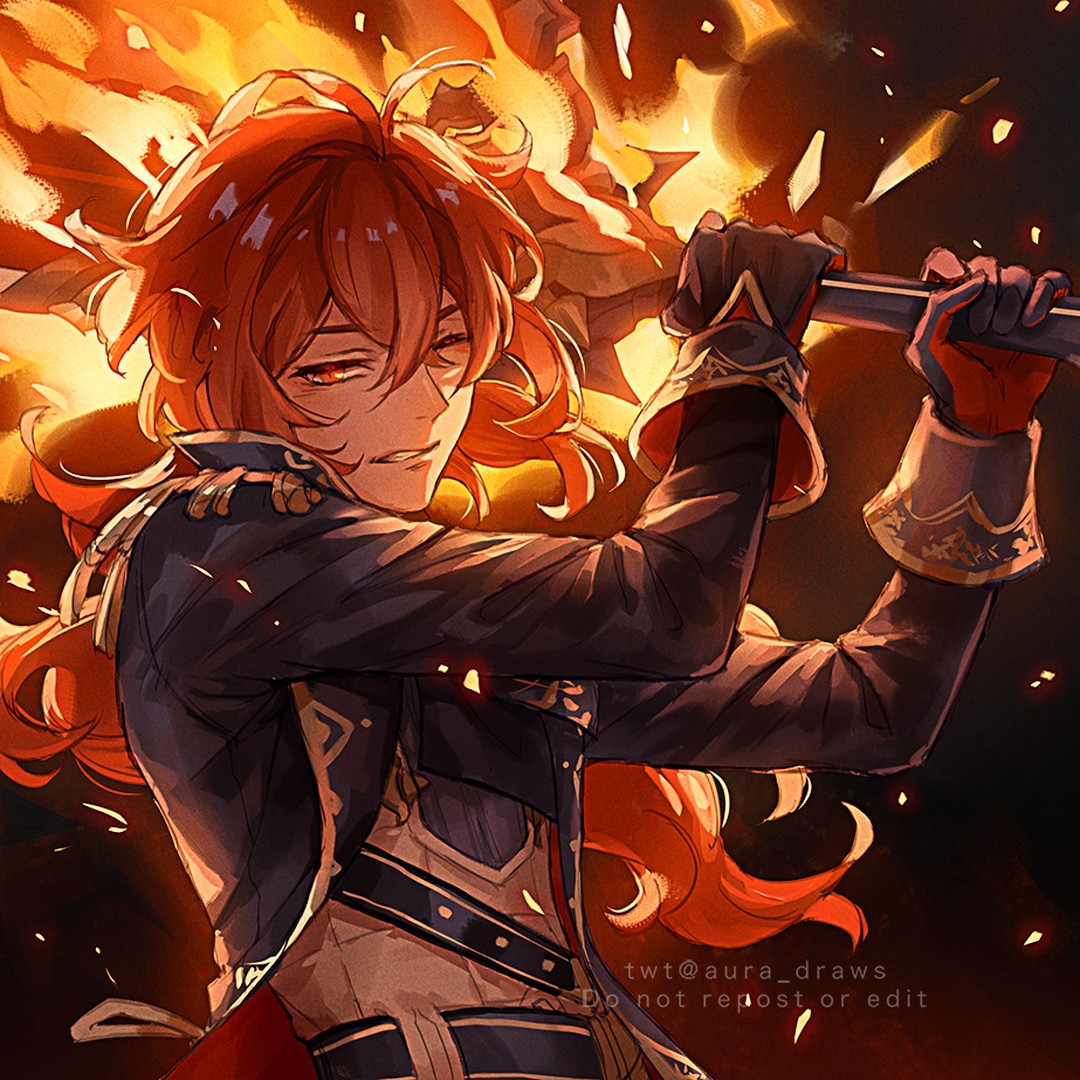 the image is a vibrant digital painting depicting diluc ragnvindr from genshin impact. he is depicted in a dynamic pose, wielding a fiery weapon, his orange hair flowing dramatically. the background is a fiery spectacle, reflecting the intensity of the character and scene. the artwork is detailed, showcasing diluc's attire and features in a striking manner. the artist's signature is visible in the bottom right corner. the overall style is animeinspired, combining elements of fantasy and action.