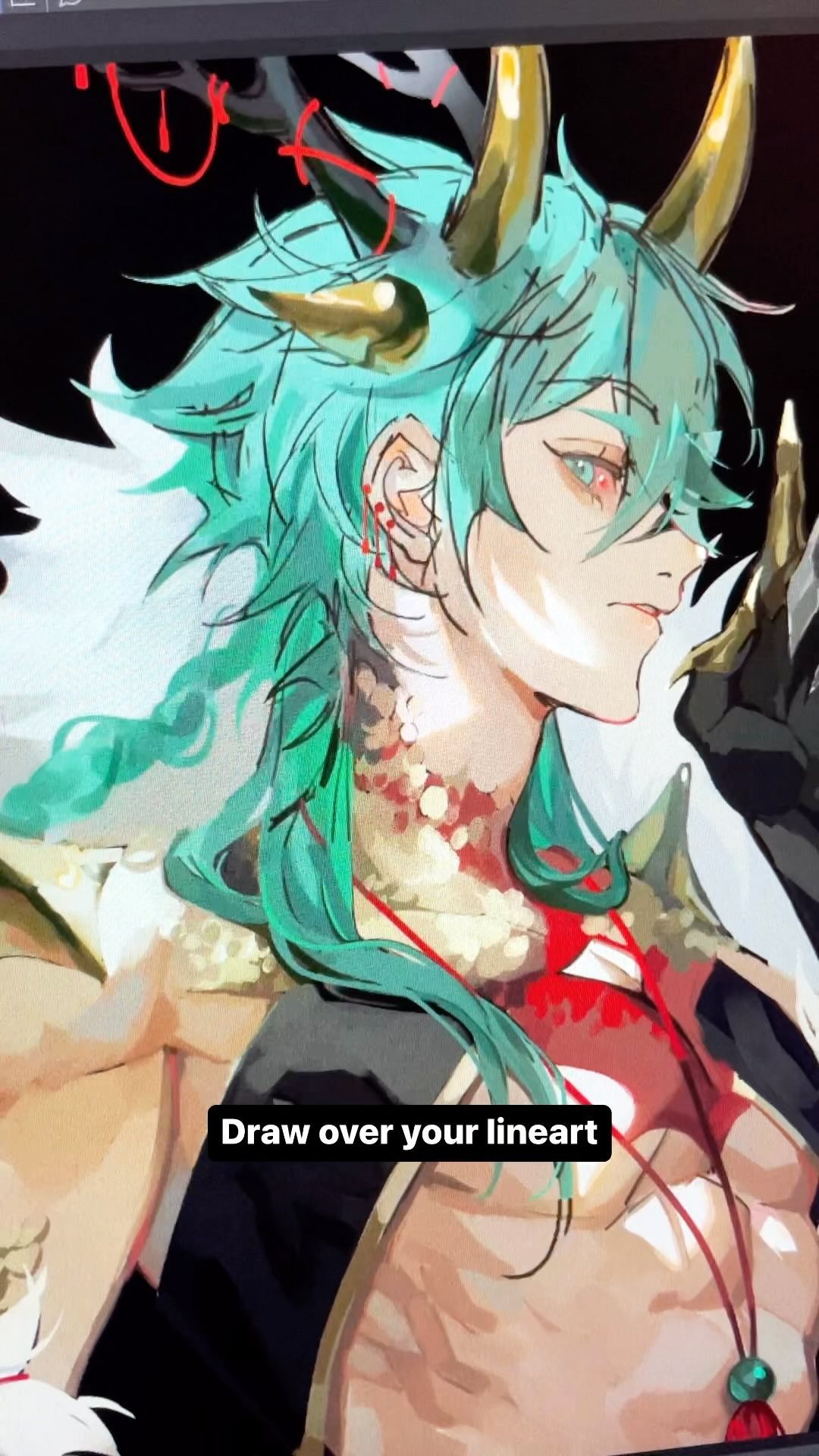 the image shows a digital painting in progress.  it depicts a stylized animestyle male character with vibrant teal hair,  golden horns, and elaborate clothing incorporating reds and golds. the character has a somewhat androgynous appearance and seems to be in a dynamic pose. the image clearly shows the artist's style with painterly strokes and blending techniques over existing line art. there is a text overlay on the image stating "draw over your lineart," suggesting that this is a tutorial or a visual explanation of the painting process. the overall style is fantasyinspired, featuring ornate details and a somewhat dramatic aesthetic.