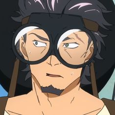 this is a closeup image of an anime man with brown hair and stubble. he is wearing brownrimmed goggles and a hat. he appears to be surprised by something.