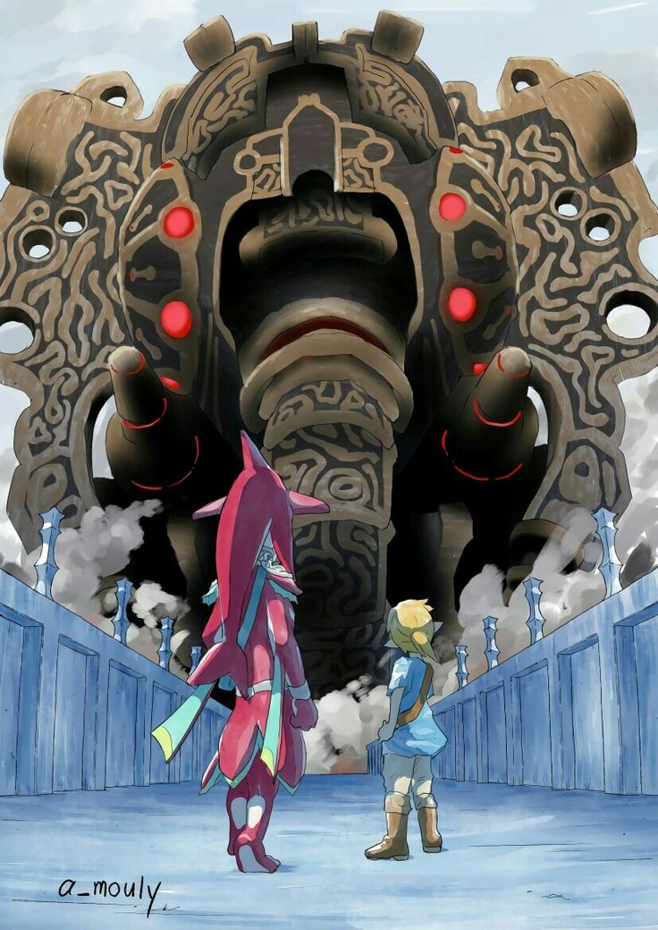 a digital art illustration showing link and zelda from the legend of zelda: breath of the wild video game, standing in front of a guardian. the guardian is a large, robotic enemy from the game that is known for its laser beams. the guardian is standing in the middle of the image, with link on the left and zelda on the right. the background shows a bridge and a mountain range in the distance. the art style is cartoonish and stylized, with bright colors and exaggerated proportions. the image is a beautiful and evocative piece of fan art, that captures the spirit of the game.