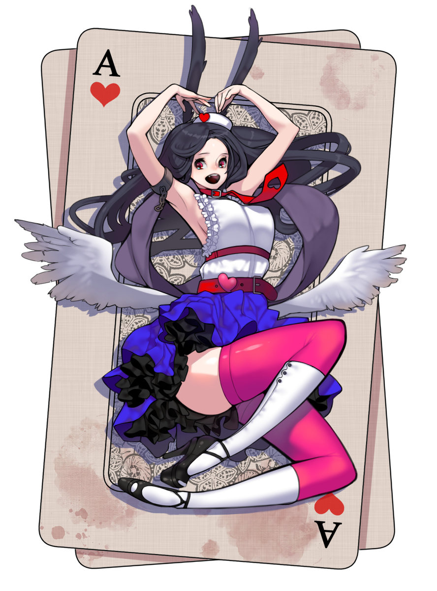 a cheerful, darkhaired anime girl is sprawled playfully atop a worn ace of hearts playing card. she's dressed in a whimsical outfit combining elements of a bunny girl and an angel, featuring bunny ears, feathery wings, a heartadorned collar, a short blue skirt, and pink thighhighs. she beams at the viewer while making a heart shape with her hands.