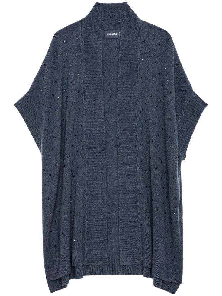 a dark blue women's cardigan made of cashmere, with short sleeves, an open front, and black sequins scattered across the fabric.