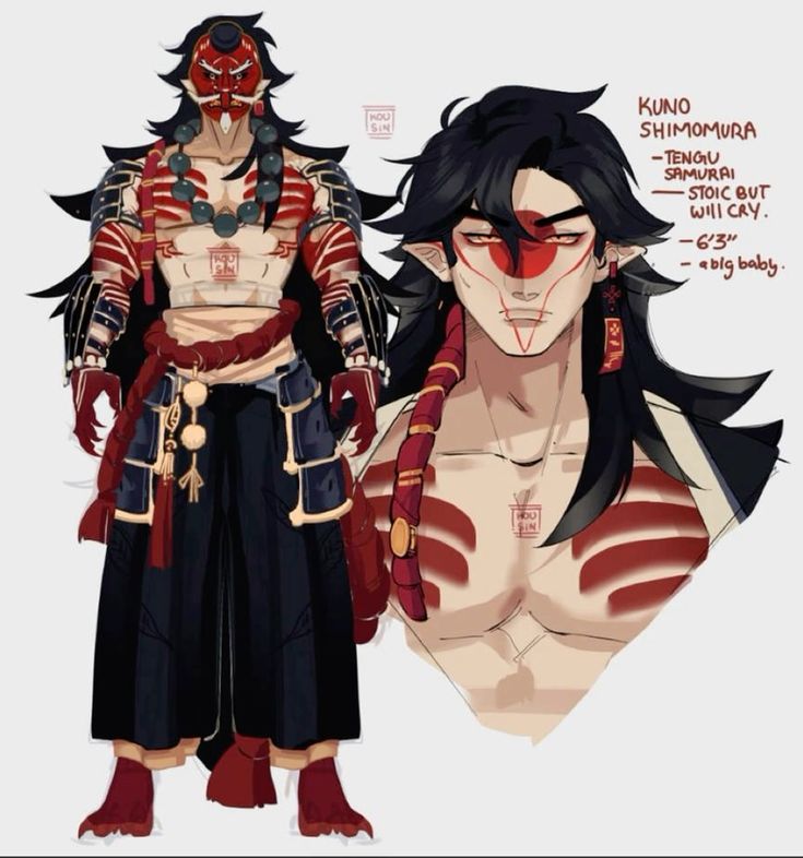 this is a digital illustration of an anime character, a samurai warrior named kuno shimomura. he has long black hair with red highlights,  a red mask over his face, and tattoos covering his chest and arms. he is wearing traditional japanese clothing, including a kimono and pants, with a belt and a sword at his side. the art style is very detailed and realistic, and the character is portrayed in a strong and powerful manner.