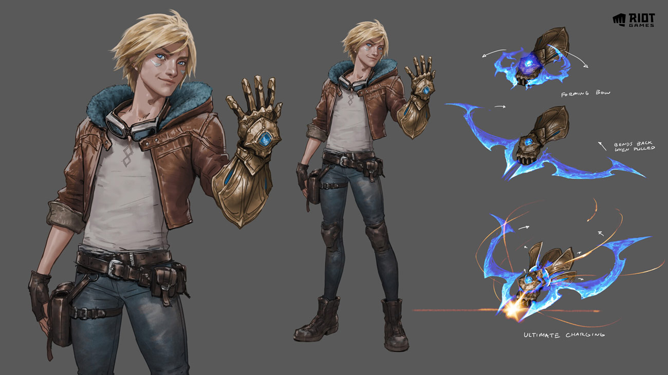 this is a digital illustration showing a male video game character in concept art. the character is wearing a leather jacket and blue jeans, with a futuristic gauntleted weapon on his right arm. the weapon is made of gold and has a blue jewel in the middle. the weapon can shoot blue flames as a projectile attack, and is shown in multiple stages: forming the bow, bending back when pulled, and charging for its ultimate attack.