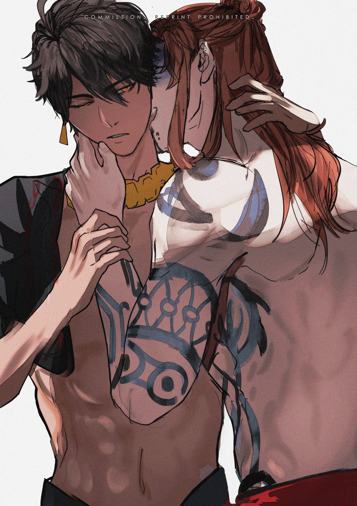 the image features a digital illustration of two anime characters, a shirtless man with black hair and golden earrings embracing another shirtless man with long red hair and intricate tattoos across his body. they are both looking at each other with expressions of love and affection, creating a romantic and intimate atmosphere. the style of the art is detailed and stylized, with a focus on intricate details such as the tattoos and facial expressions.