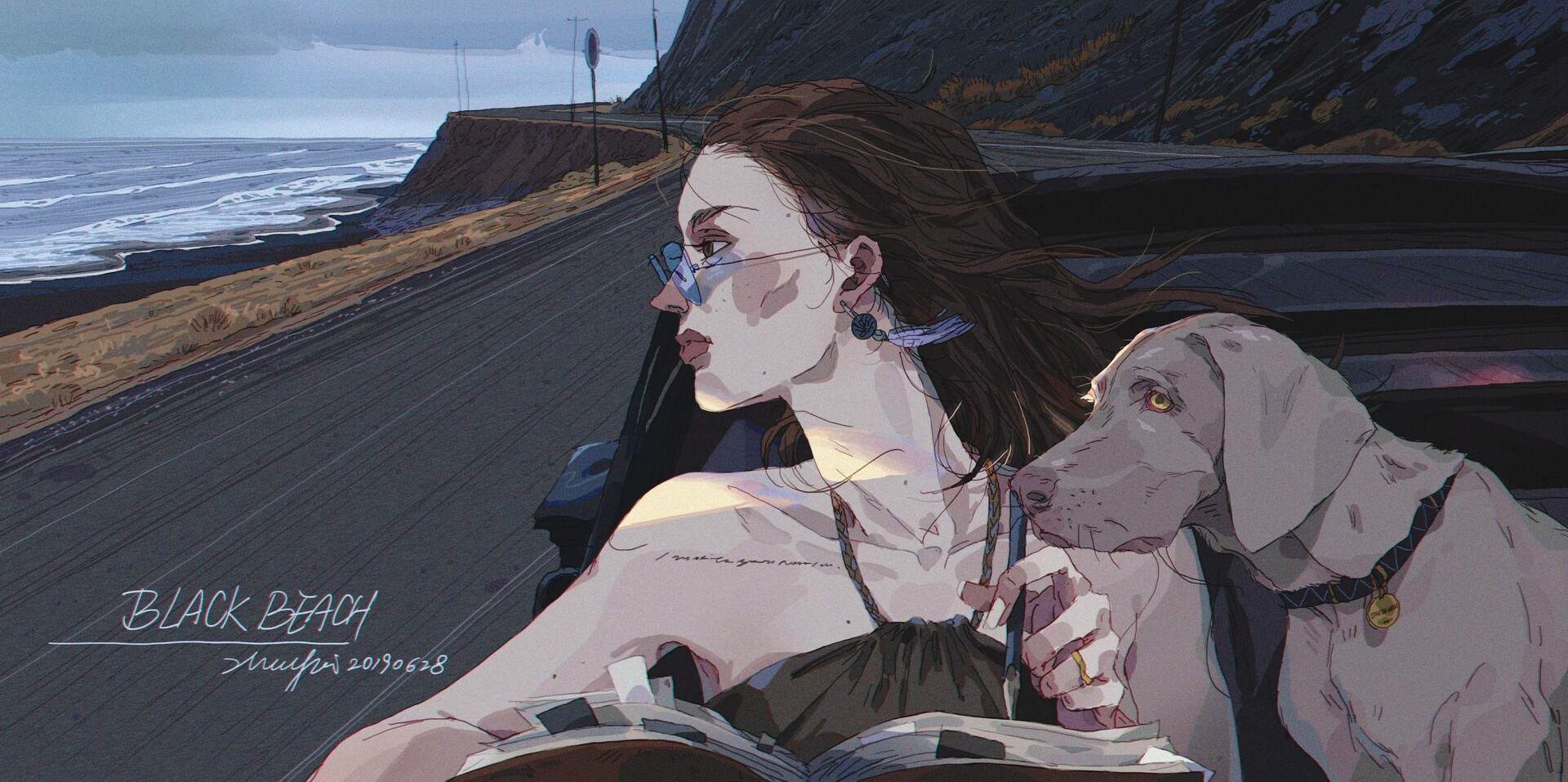 an illustration of a woman and her dog sitting in a car, with their heads leaning out the window. the woman is wearing a black dress, glasses, and has long brown hair. the dog is a grey weimaraner and has its head resting on the woman's shoulder. they are driving down a road along a beach with a cliff in the background. the ocean is behind the cliff. the sun is setting, casting a golden light on the scene. the woman's hand is resting on the open book in her lap.