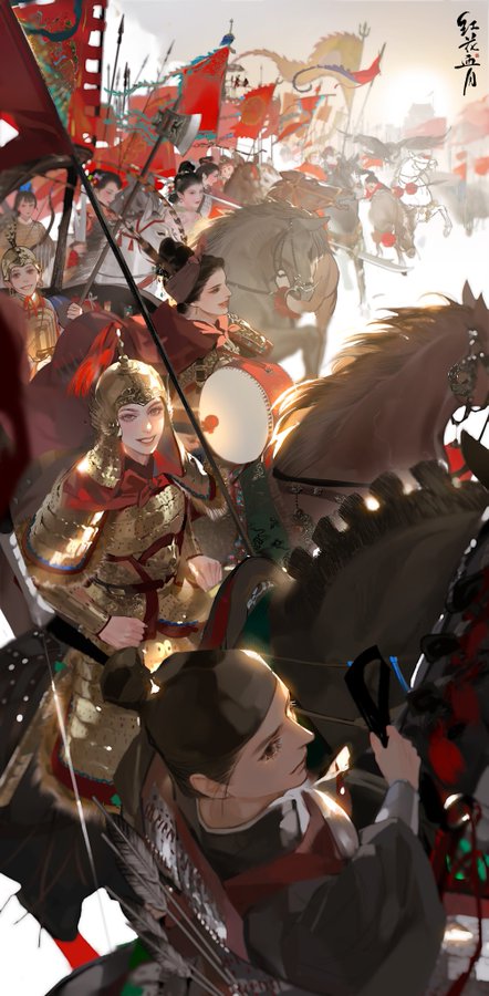 the image depicts a group of female warriors on horseback charging into battle. they wear ornate golden armor and carry weapons, their expressions determined. the scene is chaotic and full of movement, with flags waving and horses rearing. the color palette is muted, with warm tones dominating. the overall impression is one of power, grace, and the ferocity of women in combat.