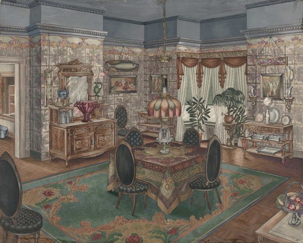 the image depicts a richly decorated dining room. the room features a large table with chairs, a patterned rug, and a sideboard with decorative items. the walls are covered in patterned wallpaper, and there are framed artworks and a decorative fish hanging on the walls. curtains adorn the window, and a chandelier hangs from the ceiling, illuminating the room. potted plants add a touch of nature to the interior. there's also a fruit basket placed near the rug. a doorway leads to another room.