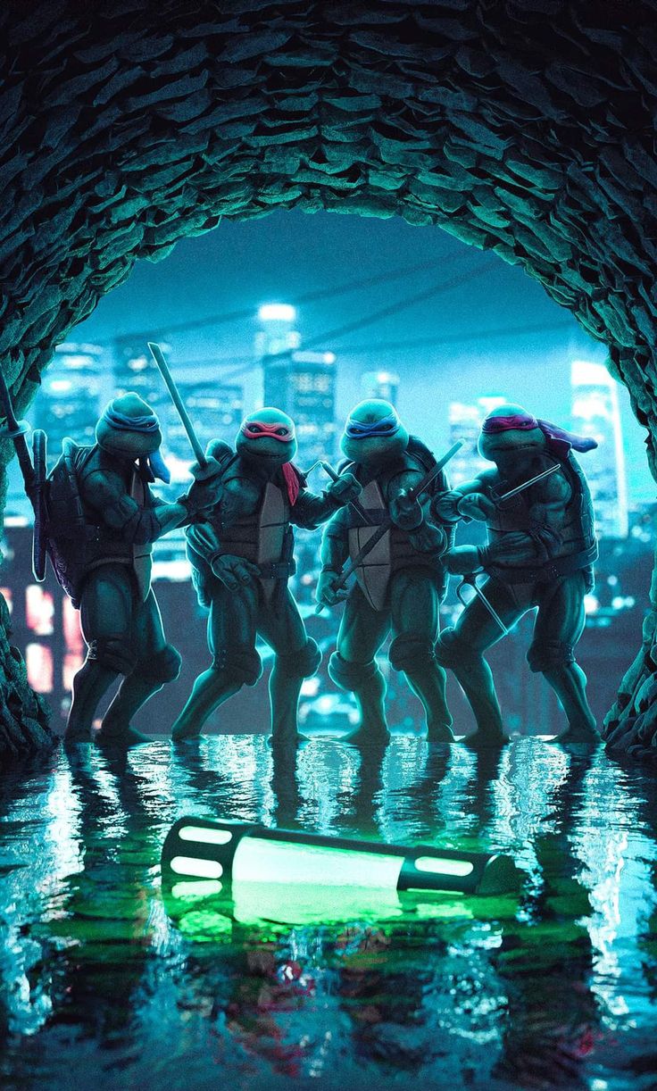 the teenage mutant ninja turtles, leonardo, donatello, raphael, and michelangelo, stand in the water of a sewer with a city skyline reflected in the water. the turtles are posed as if they are ready for a fight, holding their weapons and looking determined. the scene is dark and moody, creating a sense of danger and excitement.