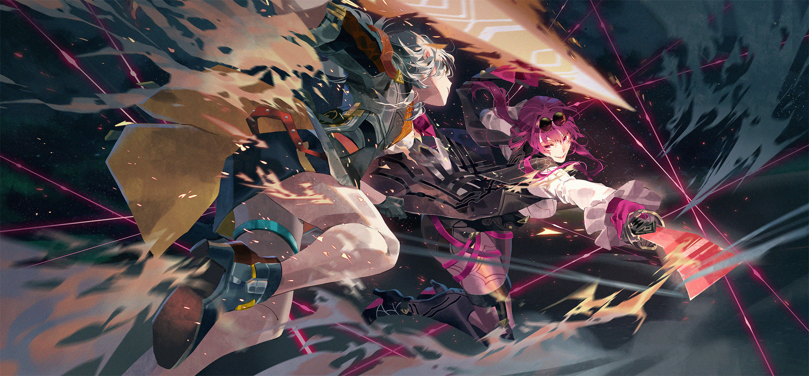 the image depicts two anime girls in a dynamic battle scene. one girl with white hair and black and blue clothing wields a glowing yellow sword, while the other, with purple hair and a white blouse, holds a red sword. the background is filled with swirling, blurred effects and lines of pink light, adding to the sense of movement and energy. the girls' expressions are fierce, and their poses are dramatic, suggesting the intensity of the fight. the artwork is visually engaging with bright colors and strong contrasts, creating a dynamic and compelling scene.  the details of the costumes and the swords are expertly rendered, adding to the overall quality of the artwork.
