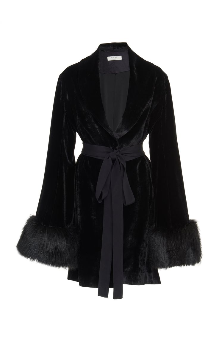 a black velvet robe with fur trim on the sleeves, tied at the waist with a black ribbon belt, displayed on a white background.