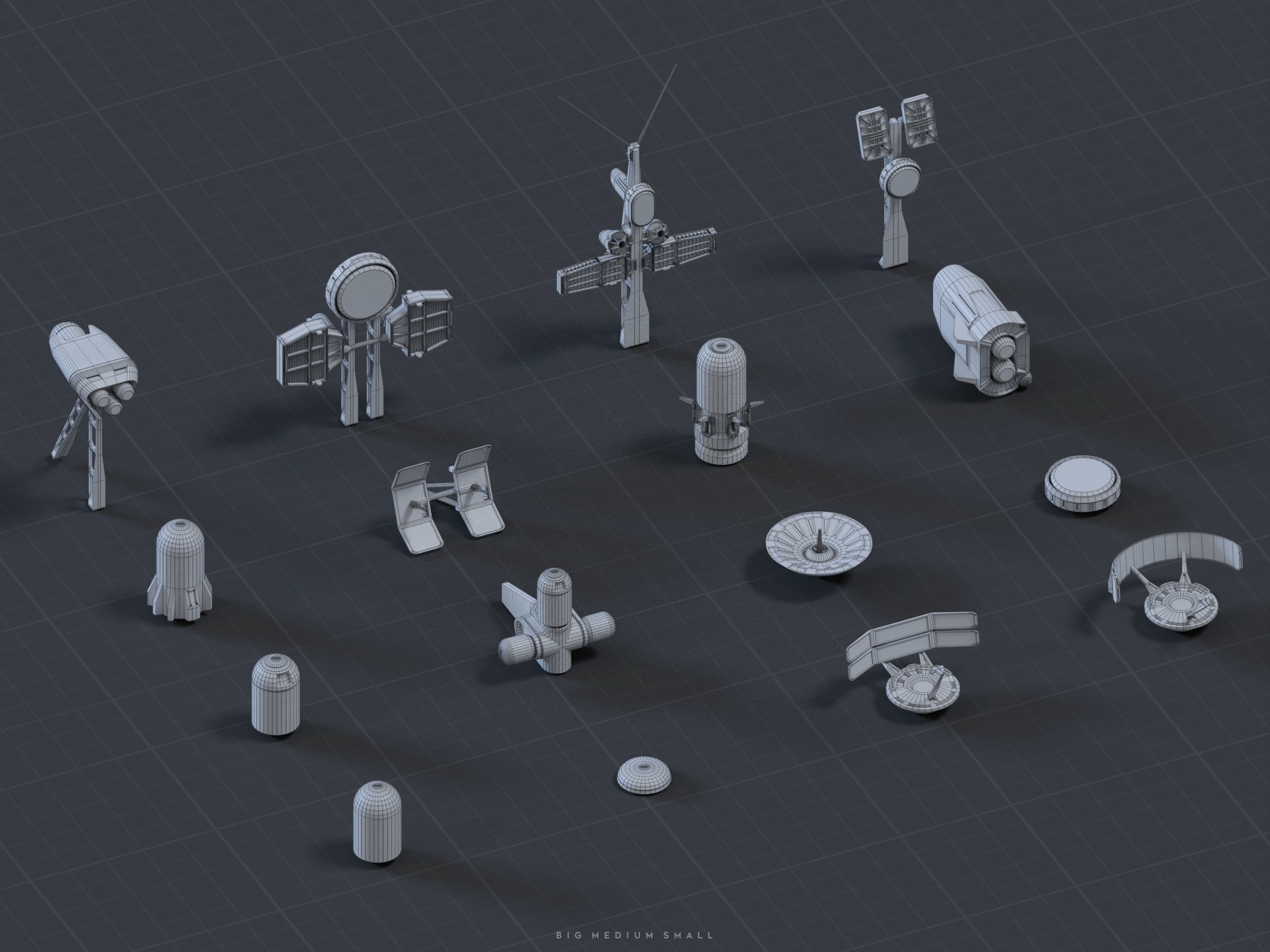 the image presents a topdown isometric view of a collection of 3d models of various spacecraft components, all rendered in a grey wireframe style.  the objects appear to be lowpoly models, suggesting their intended use as game assets or similar.  the scene is set against a dark grey grid background. the objects include different types of satellites, rocket boosters, antenna arrays, and unidentified space debris or equipment, implying they might represent parts of a larger space station or space mission. the objects are scattered on the ground, and their sizes vary; text at the bottom reads "big medium small," hinting at scale variations. the overall aesthetic is clean, technical, and suggestive of a science fiction context.
