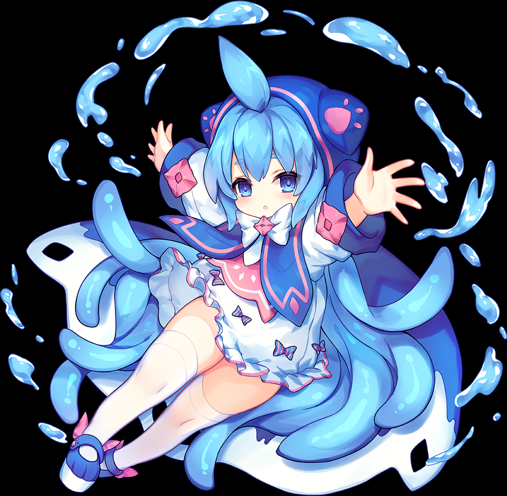 this is a digital illustration of a young girl in a blue and pink dress. her blue hair is long and flowing and she appears to be surrounded by water, which is forming a magical effect around her. she has large blue eyes, a pink bow and appears to be very happy and energetic.