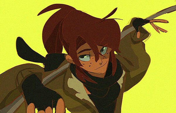 a digital illustration of a young, redhaired anime girl in a green jacket, black scarf, and black gloves, smiling as she holds a wooden stick.