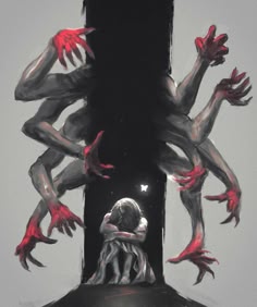 a dark, shadowy figure with multiple red hands and claws surrounds a small, cowering girl. the creature's silhouette is menacing, and the girl's body language conveys fear and helplessness. the image evokes a sense of terror and dread.