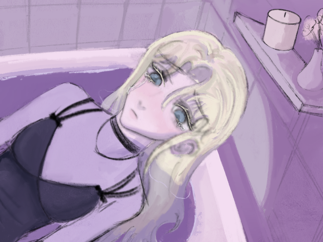 a woman with blonde hair is lying in a purple bathtub, wearing black lingerie and a choker. she is crying, with tears visible on her face. in the upper right corner, there is a shelf with a candle, an orchid, and a vase. the scene is set in a purpletoned bathroom.