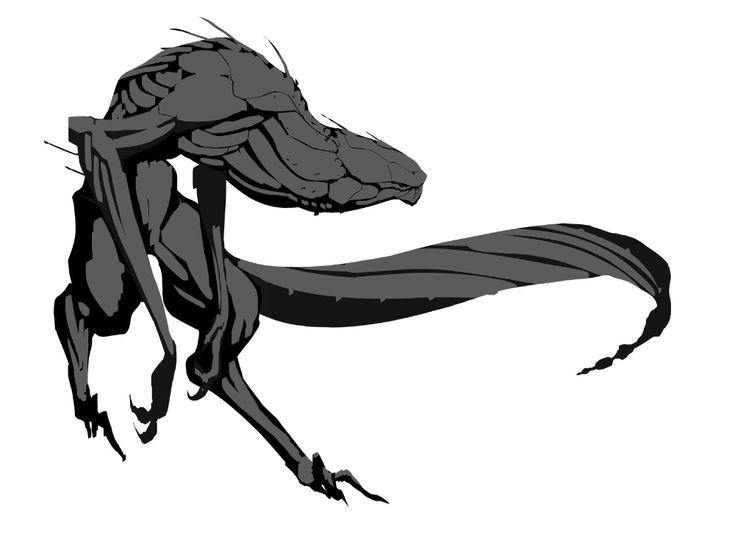 a drawing of a grey reptilian creature with a long, striped tail, standing on two legs with sharp claws. the creature has a snakelike head and scales.