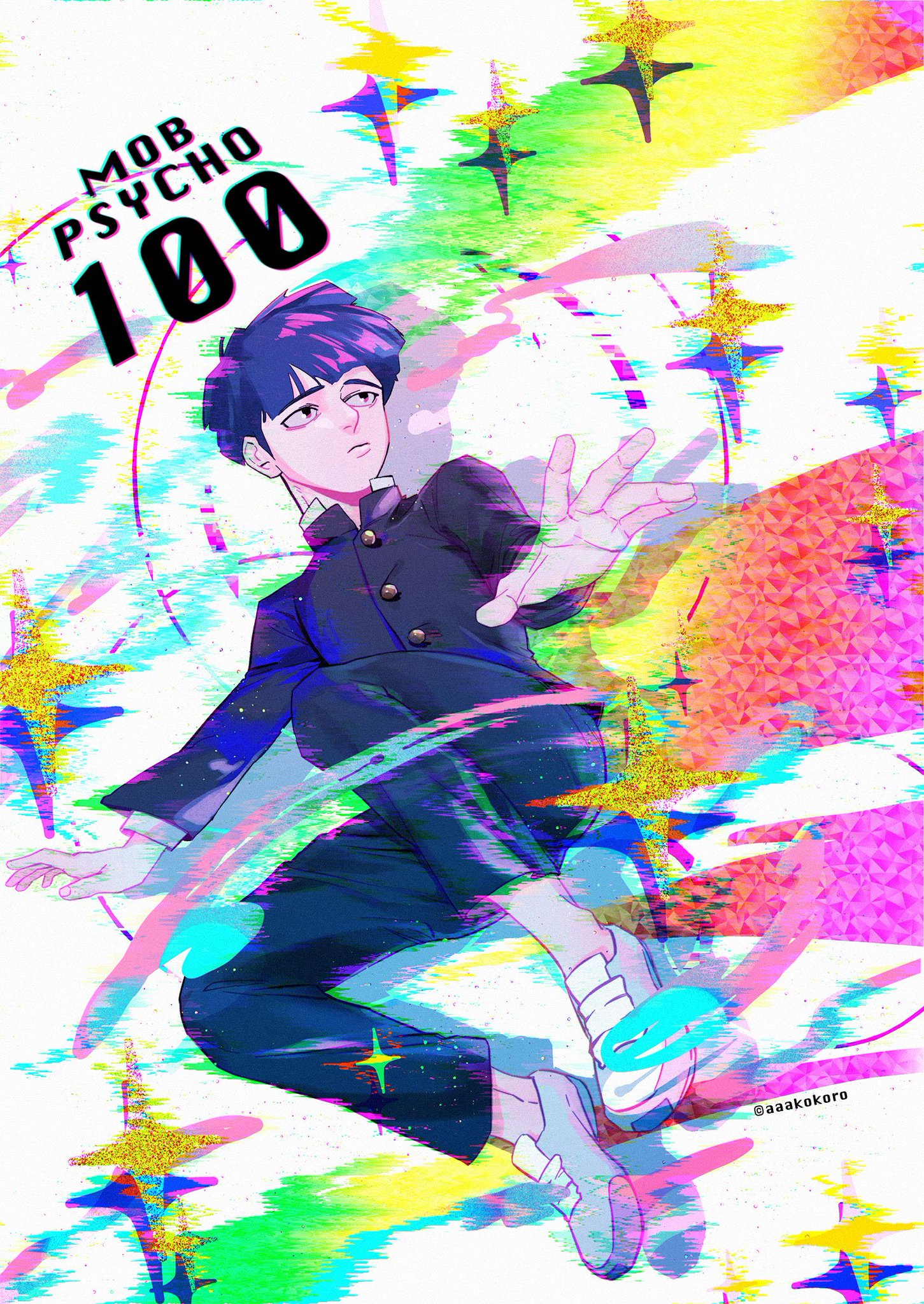 a dynamic illustration of shigeo "mob" kageyama from mob psycho 100. he's depicted midair, with his arm outstretched, suggesting he's using his psychic powers. the art style is vibrant and colorful, incorporating glitch effects and abstract elements. the background is a mix of glitched patterns and colorful stars.