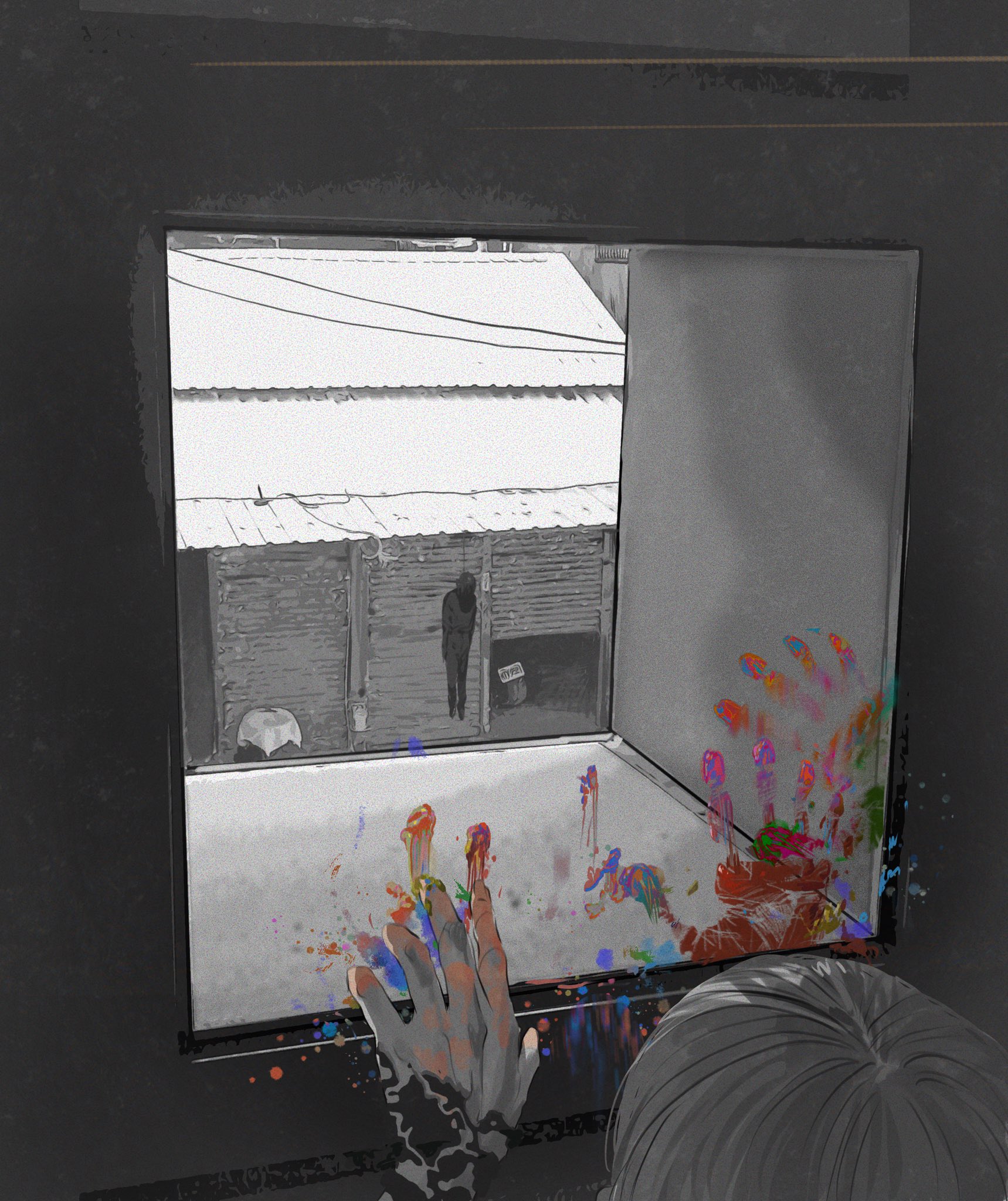 a person's hand with paint on it is pressed against a window pane. the window is open and the view through it is black and white. the hand is the only part of the person that is visible. there are several colorful handprints on the glass. there is a figure in the distance, also in black and white. the overall feeling of the image is one of isolation and despair.