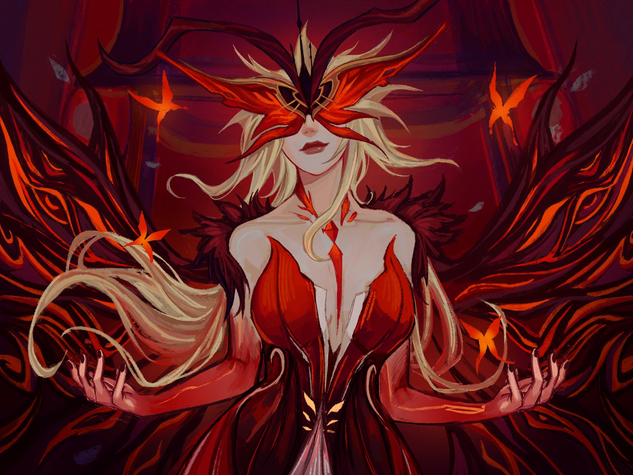 this is a digital illustration of a woman with long blonde hair and a red dress adorned with butterfly wings. she is wearing a red butterfly mask and looks powerful and elegant. the background is dark and mysterious. the artwork is done in a style that is reminiscent of anime or manga.