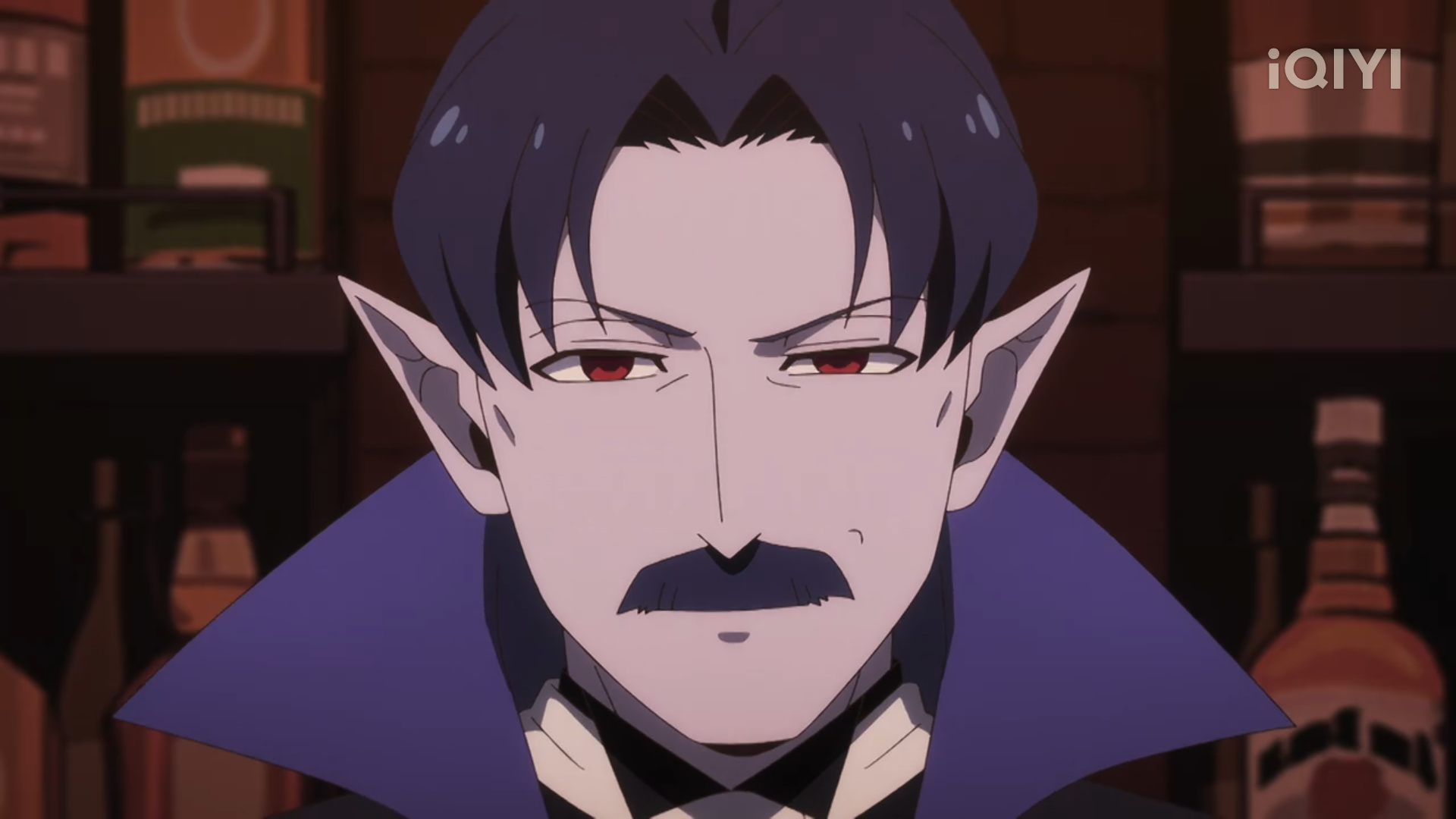 the image is a closeup illustration of an adult male vampire. he has pale skin, black hair with a widow’s peak, red eyes, and a black mustache. he is wearing a black shirt underneath a dark purple jacket with a large collar. the background shows shelves filled with liquor bottles. the image is likely from an animated show or movie.