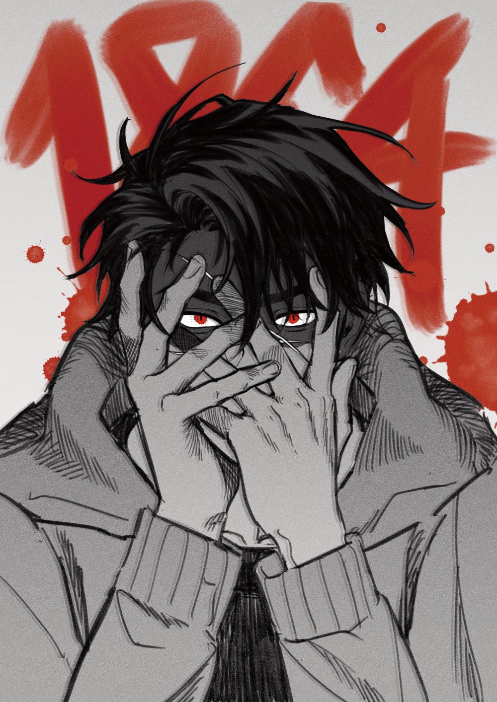 a man with black hair and red eyes is covering his face with his hands. his expression is serious and dark. the background is red and suggests blood.  the man is drawn in a black and white style, with the exception of his red eyes. the image is likely from an anime or manga and is suggestive of a dystopian or cyberpunk world.