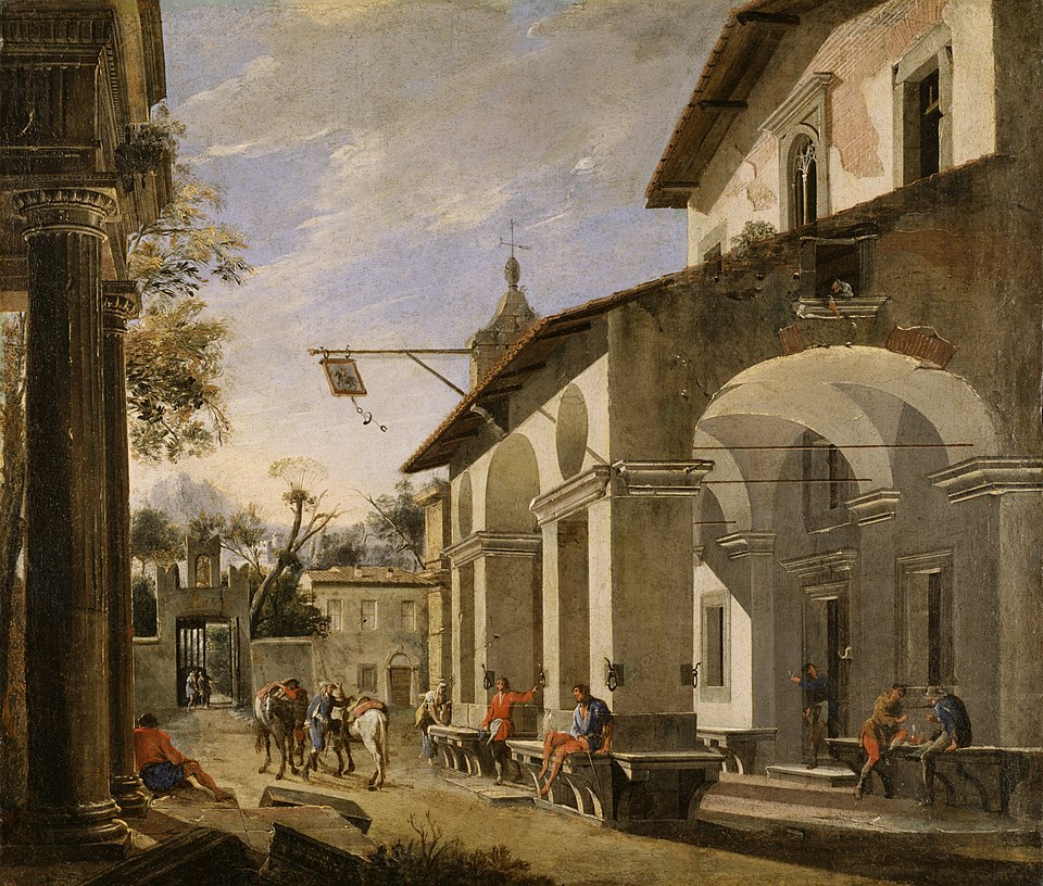 the image is a painting depicting a classical italian street scene with architectural elements. in the foreground, there are ruins of columns and people are scattered around. a courtyard with an arched walkway and a building with arched windows and a cross on top is visible. people are sitting on benches near a fountain, and there are horses and figures walking in the background. the scene is illuminated by sunlight, creating strong shadows and highlighting the architectural details. the sky is visible with clouds.