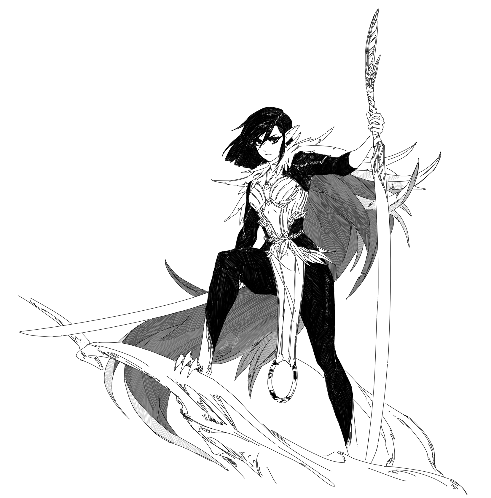 he image is a black and white illustration of a fantasy anime/manga style female warrior. she appears to be an elf, with pointed ears and dark, long hair. she's clad in elaborate armor adorned with feathers or winglike elements, a flowing cloak or dress, and holds a staff and sword. the pose is dramatic and powerful, suggesting strength and control. the style is detailed and expressive, using shading and linework to create a dynamic image. the background is a stylized, rocky surface. the overall aesthetic suggests a character from a fantasy video game or novel.