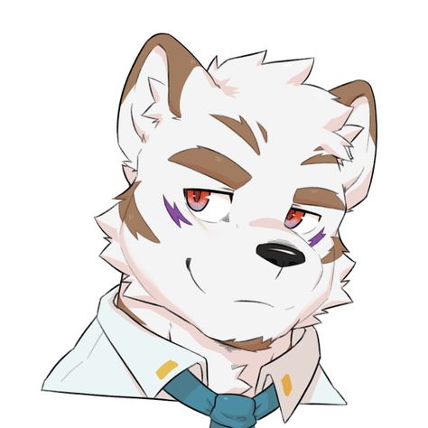 the image shows the headshot of a furry character. it appears to be a white wolf with brown hair and purple eyes. he is wearing a white shirt with a blue tie. the character is shown from the chest up and is slightly turned to the left. his expression is neutral, almost smug. the art style is soft and animeinspired.
