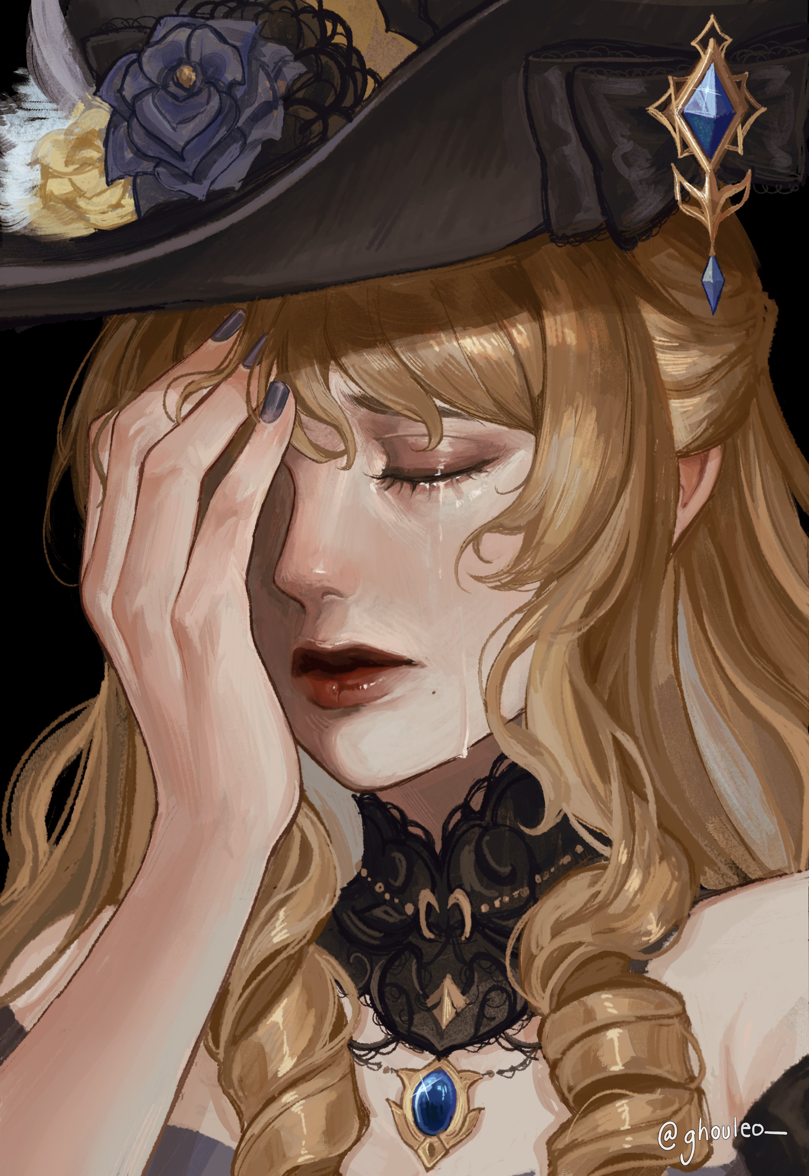 a digital illustration of a woman with long blonde hair, wearing a black hat and a black lace necklace with a blue gem. she is crying and holding her hand to her face. the background is a black color.